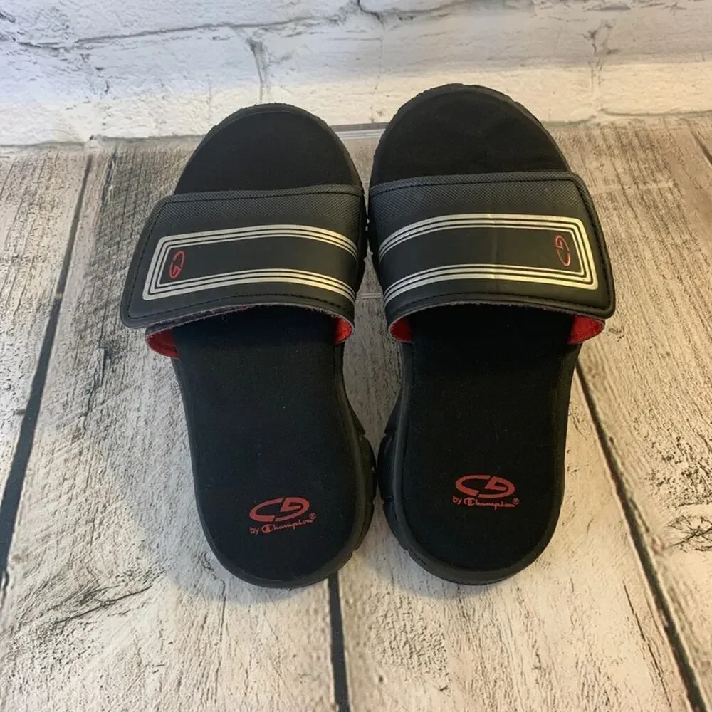 C9 BY CHAMPION Boy’s Black/Silver/Red Slide Ons Cushion Insole / Size: Small 13
